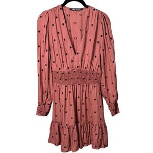 Zara XS Pink Polka Dot Long Sleeve Mini Dress Smocked Waist Ruffle Hem‎